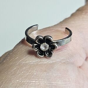 Silver Tone Clear Rhinestone Flower Adjustable Toe Or Pinky Ring